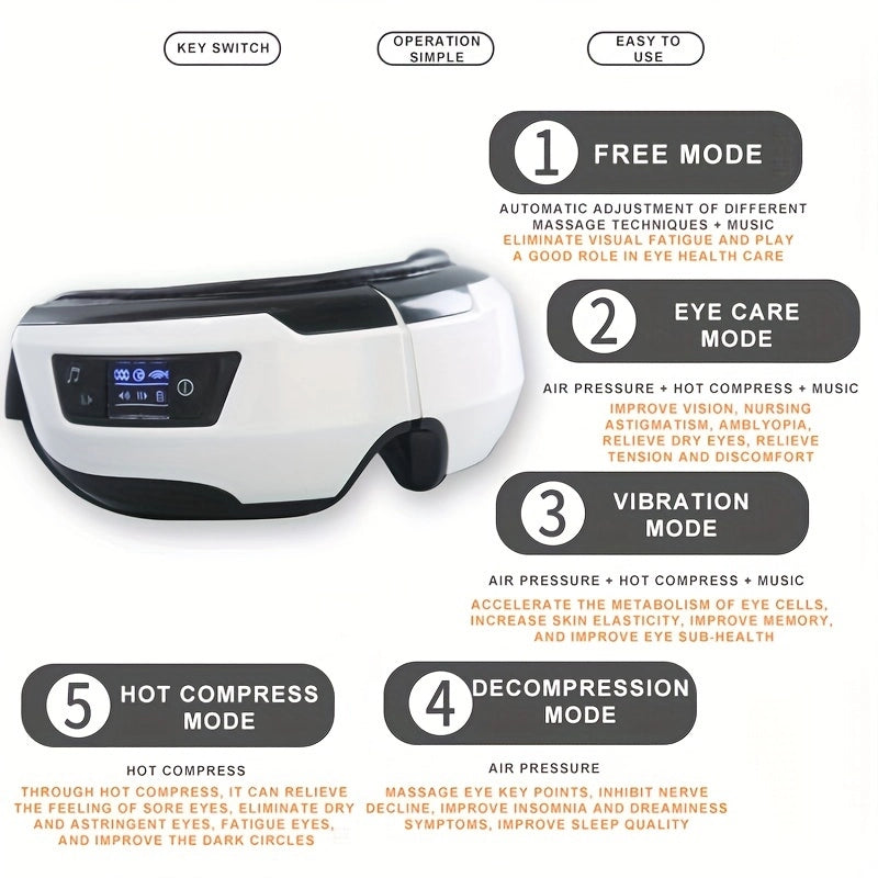 1pc Electric Eye Massager, Vibration Air Pressure Heating Massager, Relax Fatigue Stress Can Play Music Foldable