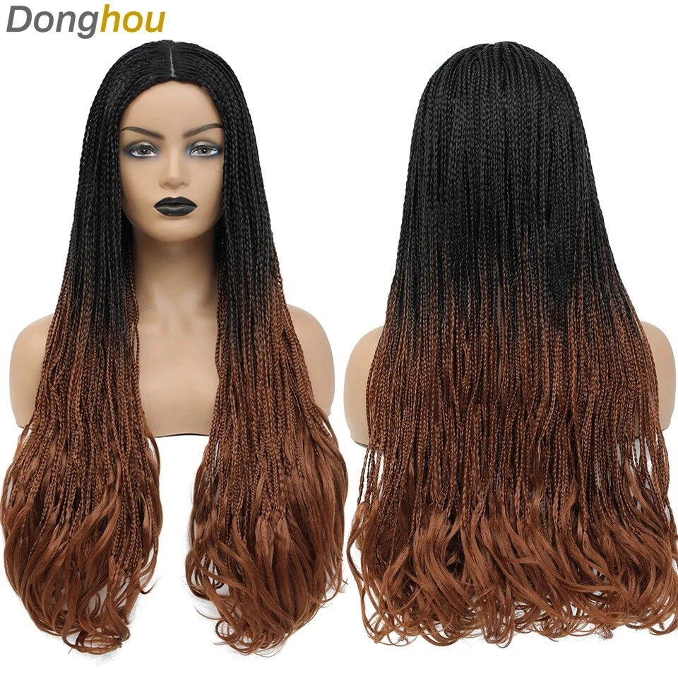 26 Inch Long Box Braided Wigs For Black Women Perruques Non Dentelle Micro Twist Straight Box Braid Crochet Hair Curly Ends Wig