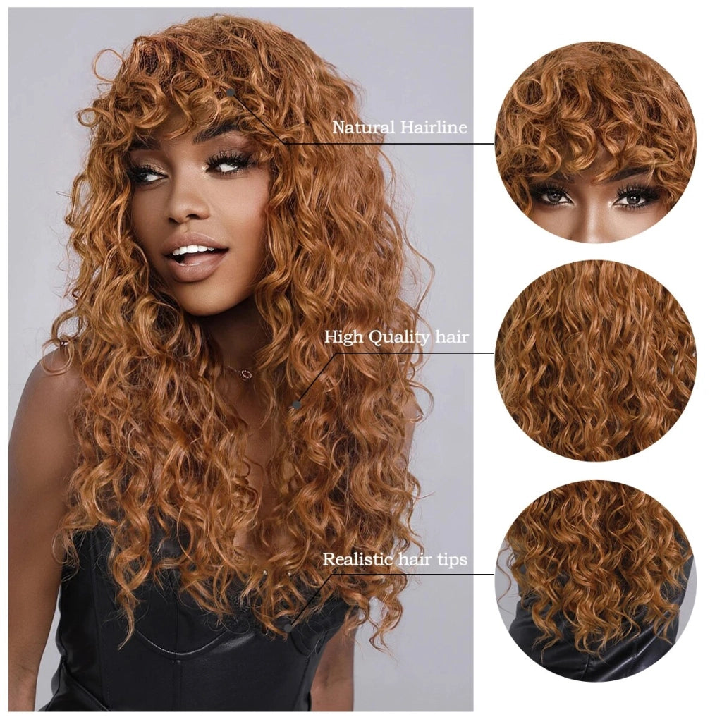 Red Brown Long Curly Women Wig with Bangs Heat Resistant Synthetic Wigs Fluffy Natural Wigs Fringe Soft Hair Party Daily Use