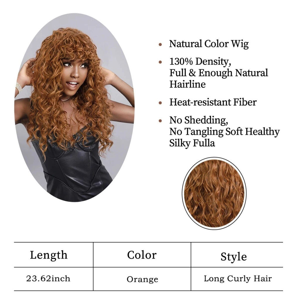 Red Brown Long Curly Women Wig with Bangs Heat Resistant Synthetic Wigs Fluffy Natural Wigs Fringe Soft Hair Party Daily Use