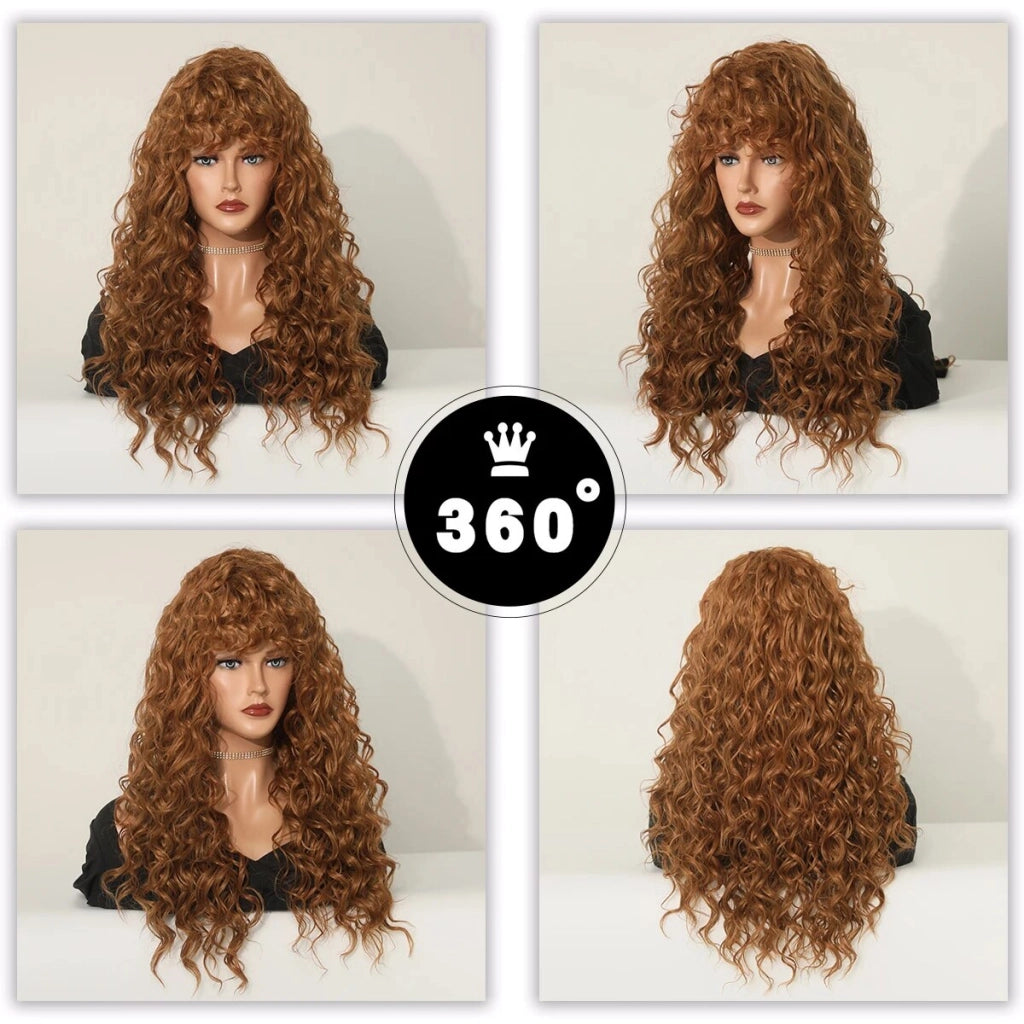 Red Brown Long Curly Women Wig with Bangs Heat Resistant Synthetic Wigs Fluffy Natural Wigs Fringe Soft Hair Party Daily Use