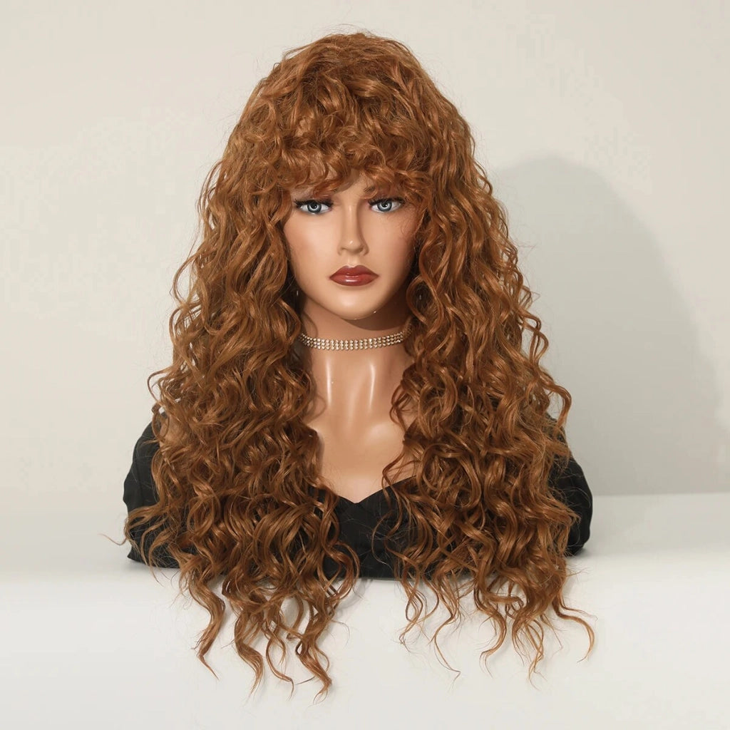 Red Brown Long Curly Women Wig with Bangs Heat Resistant Synthetic Wigs Fluffy Natural Wigs Fringe Soft Hair Party Daily Use