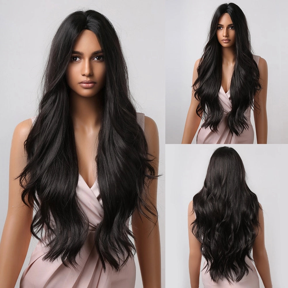 ALAN EATON Black Long Body Wavy Synthetic Wigs for Women Afro Black Hair Wigs Natural Middle Part Heat Resistant Fiber Daily Use