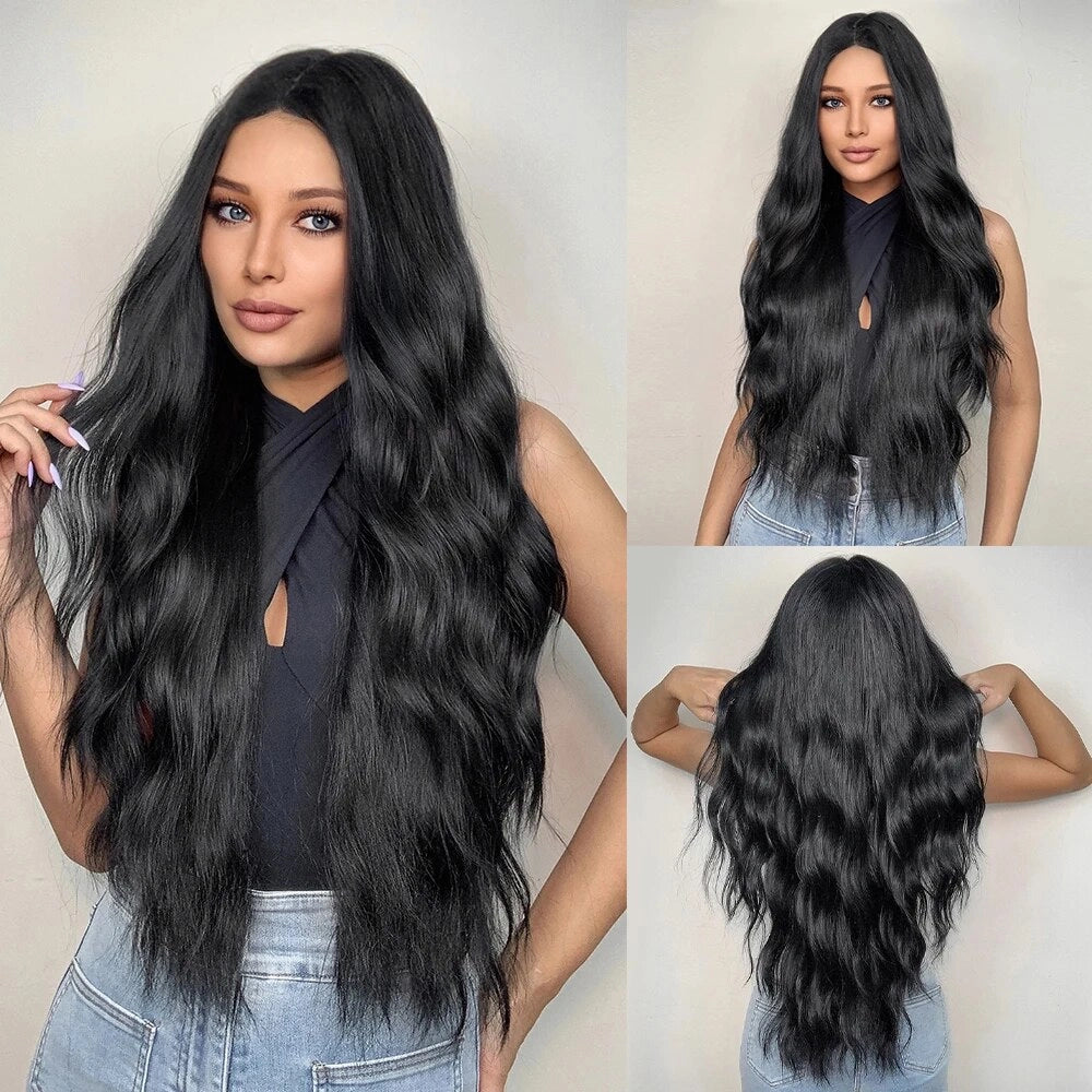 ALAN EATON Black Long Body Wavy Synthetic Wigs for Women Afro Black Hair Wigs Natural Middle Part Heat Resistant Fiber Daily Use