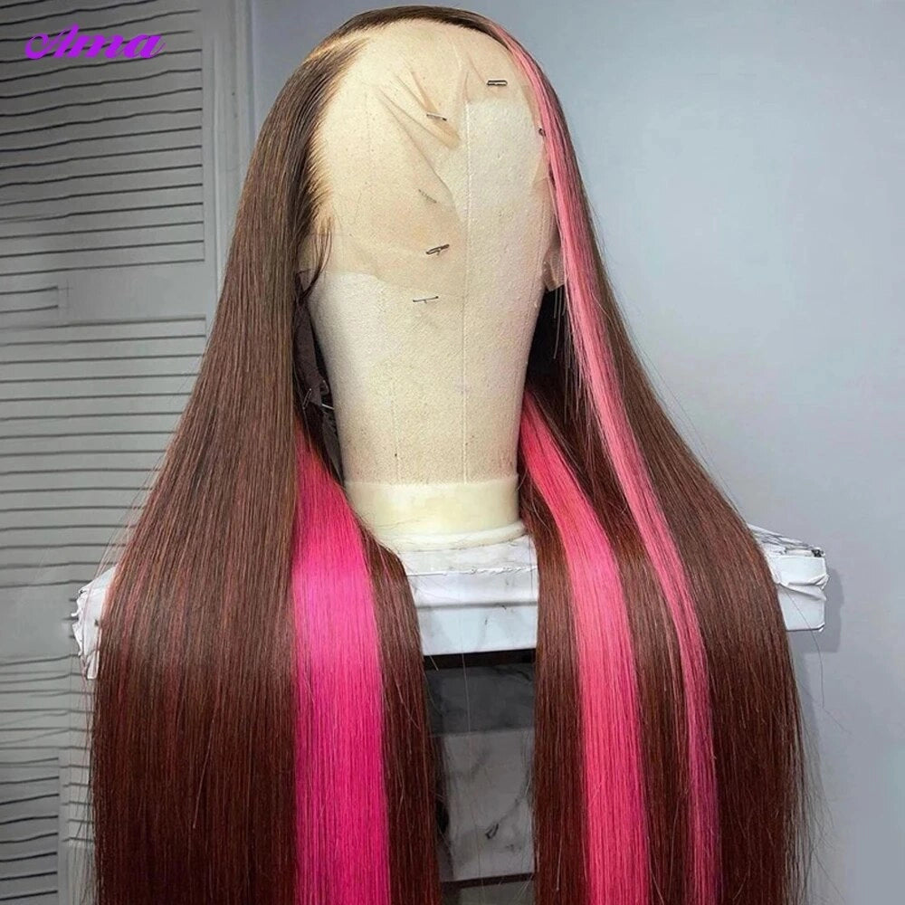 Brown Pink Colored Human Hair Wigs 30 inch Skunk Stripe Lace Front Wigs Straight HD Lace Frontal Wig 250 Density Body Wave Wig