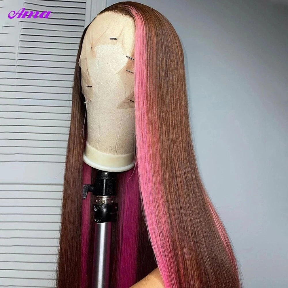 Brown Pink Colored Human Hair Wigs 30 inch Skunk Stripe Lace Front Wigs Straight HD Lace Frontal Wig 250 Density Body Wave Wig