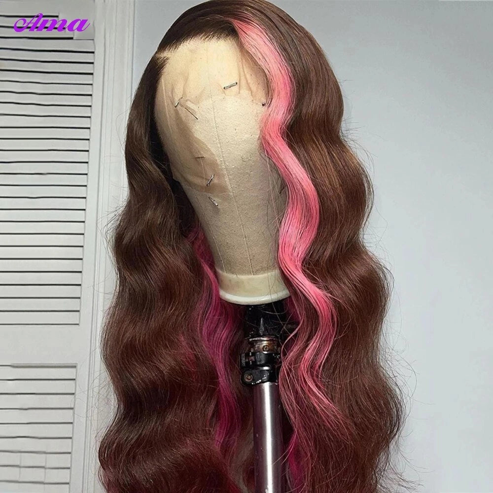 Brown Pink Colored Human Hair Wigs 30 inch Skunk Stripe Lace Front Wigs Straight HD Lace Frontal Wig 250 Density Body Wave Wig