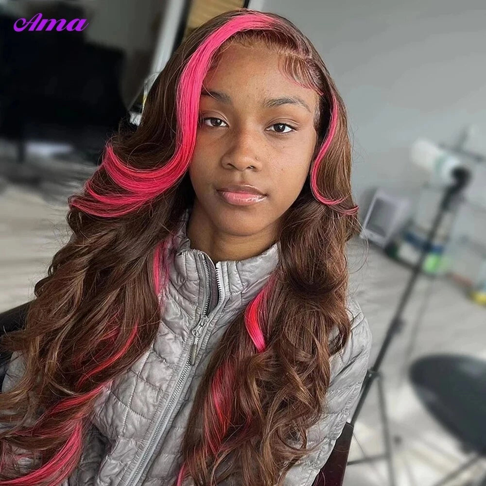 Brown Pink Colored Human Hair Wigs 30 inch Skunk Stripe Lace Front Wigs Straight HD Lace Frontal Wig 250 Density Body Wave Wig