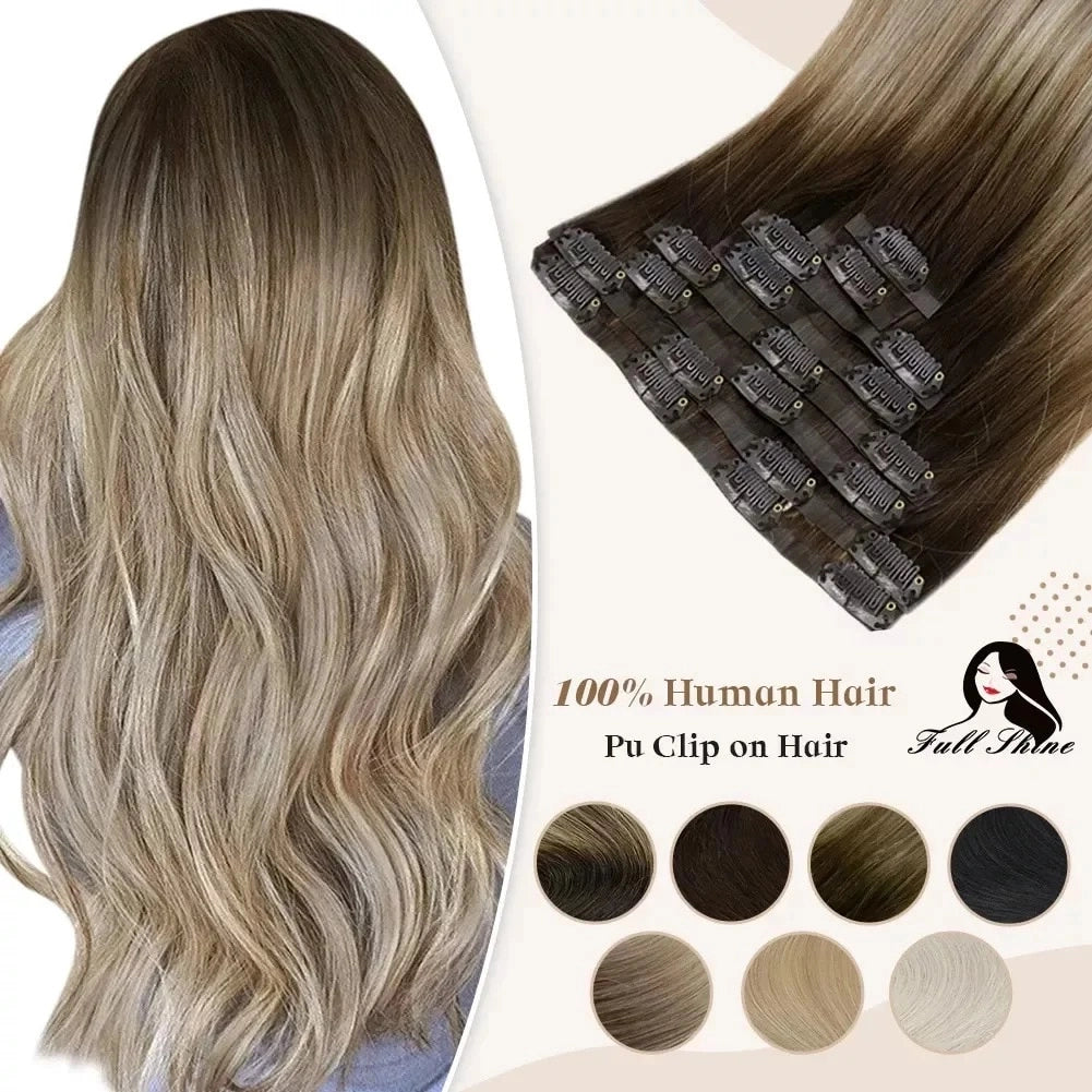 Full Shine Seamless Clip in Hair Extensions Remy Human Hair 8Pcs 100g PU Tape In Hair Extensions Ombre Blonde Color Skin Weft