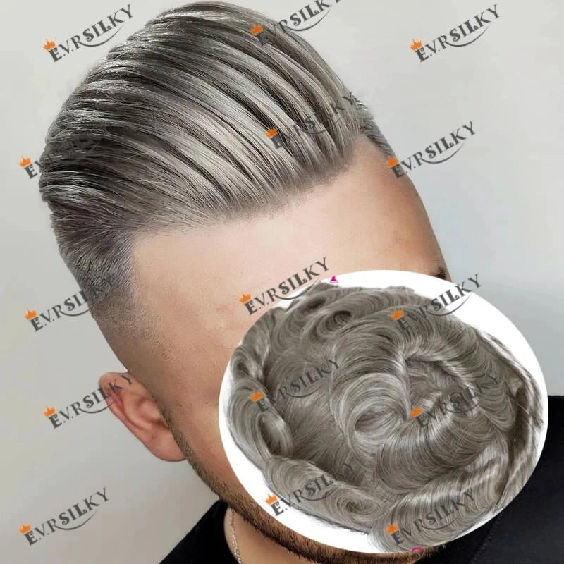 Invisible Ultra Thin Skin 0.08mm Grey Hair Toupee For Men Natural Hairpiece Human Hair Replacement System 10x8" Mens Wigs 1B20