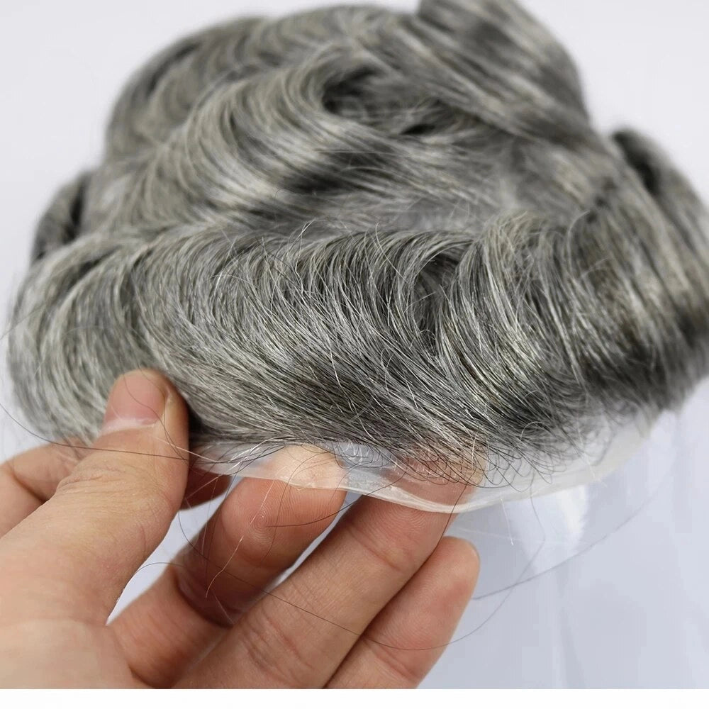 Invisible Ultra Thin Skin 0.08mm Grey Hair Toupee For Men Natural Hairpiece Human Hair Replacement System 10x8" Mens Wigs 1B20