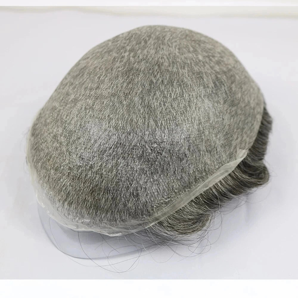 Invisible Ultra Thin Skin 0.08mm Grey Hair Toupee For Men Natural Hairpiece Human Hair Replacement System 10x8" Mens Wigs 1B20