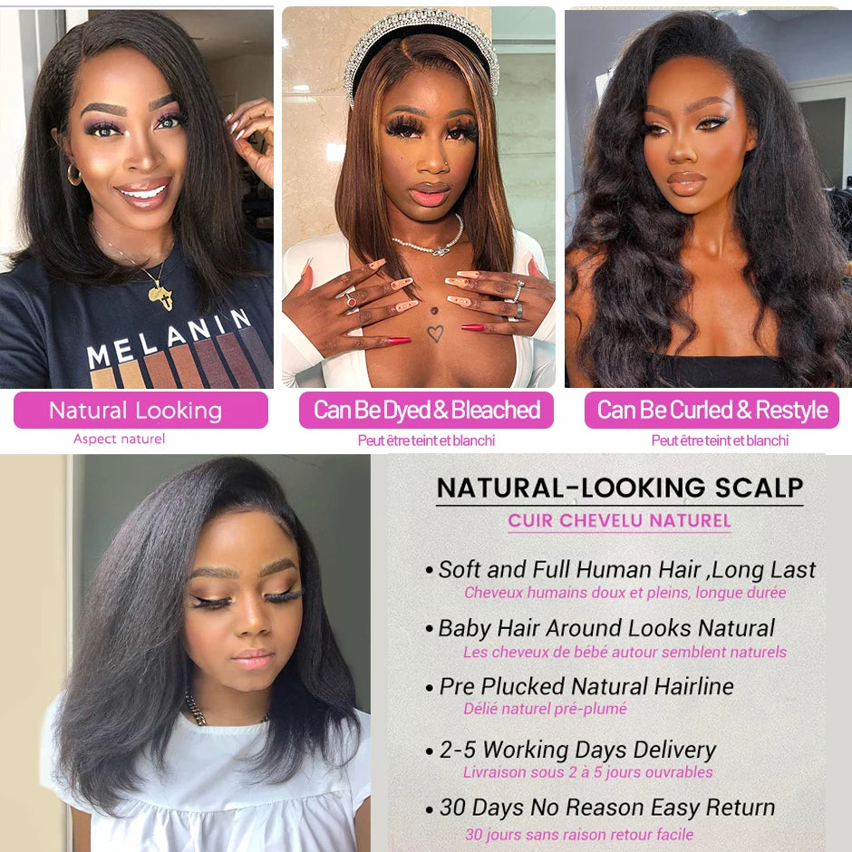 Kinky Straight Bob Wig 100% Human Hair Wigs 150 Density Coarse Yaki Brazilian Short Bob Lace Wig Human Hair Wigs Yaki Lace Wig