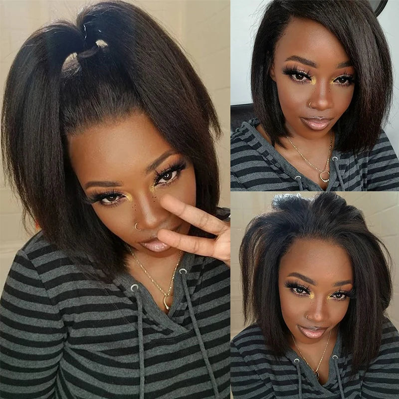 Kinky Straight Bob Wig 100% Human Hair Wigs 150 Density Coarse Yaki Brazilian Short Bob Lace Wig Human Hair Wigs Yaki Lace Wig