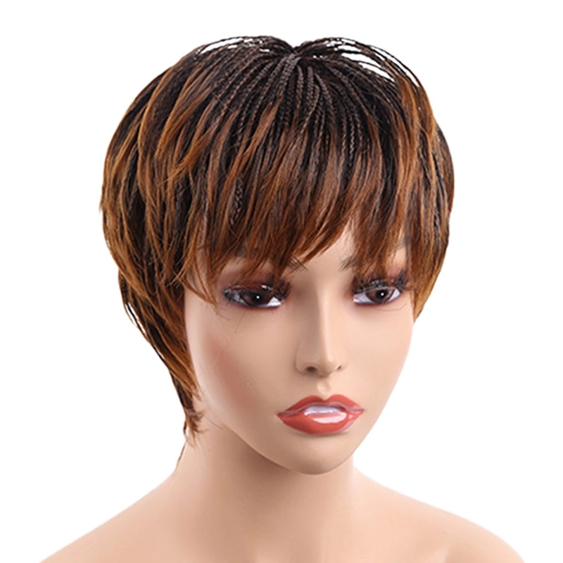 Short Box Braided Wigs for Black Women Synthetic Straight Hair Wigs With Natural Bangs Black Brown Braiding Wig Natural Looking