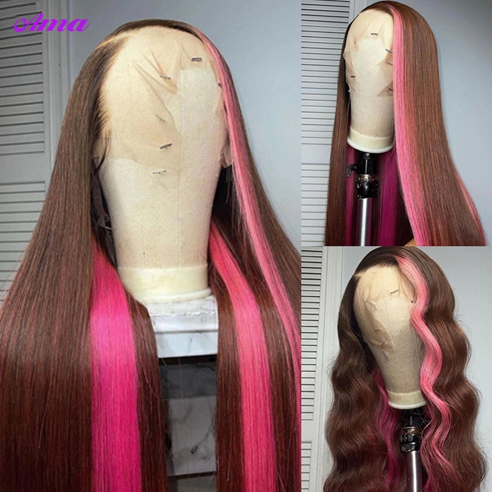 Brown Pink Colored Human Hair Wigs 30 inch Skunk Stripe Lace Front Wigs Straight HD Lace Frontal Wig 250 Density Body Wave Wig