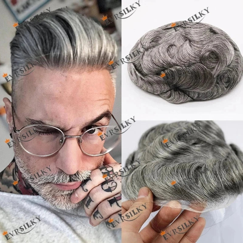 Invisible Ultra Thin Skin 0.08mm Grey Hair Toupee For Men Natural Hairpiece Human Hair Replacement System 10x8" Mens Wigs 1B20