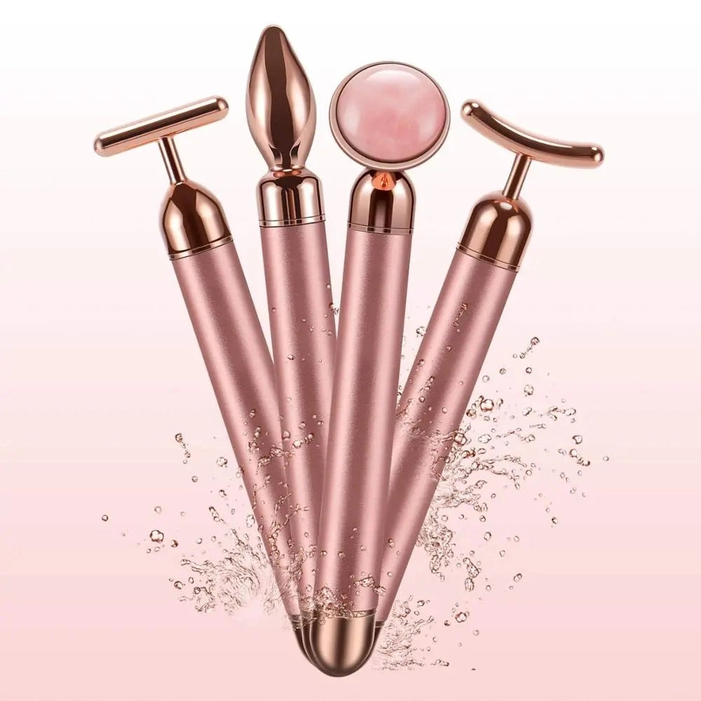 4 in 1 Vibrating Rose Quartz Roller Face Roller Eye Massager Jade Roller T/V Shaped Face Lifting Slimming Beauty Care Massager